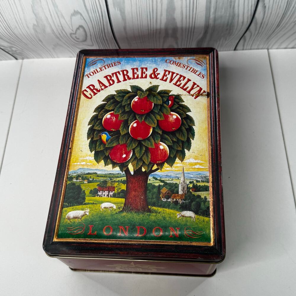 Crabtree & Evelyn London Collectible Hinged Tin Tree Fruit Cows 1985 10”x8”